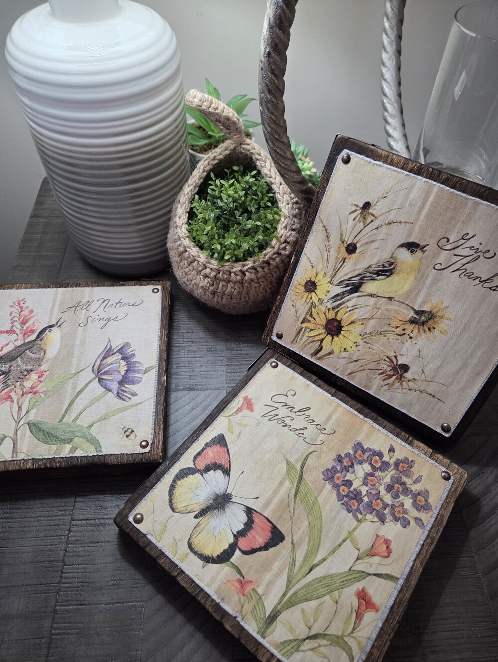 3 Pc Cloth Art Nailed On Wood